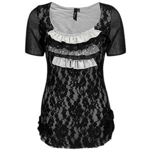 BKE Black Lace Top with White Ruffle Trim